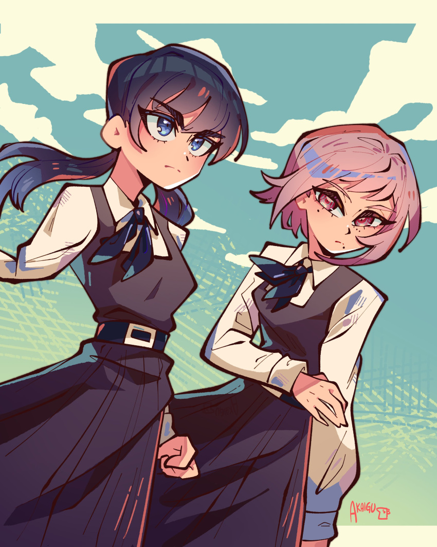 2girls absurdres akaiguarts amputee black_hair black_necktie breasts chainsaw_man collared_shirt dress earrings fami_(chainsaw_man) fourth_east_high_school_uniform highres jewelry long_hair low_twintails mitaka_asa mole mole_under_eye mole_under_mouth multiple_girls multiple_moles neck_ribbon necktie pinafore_dress ribbon ringed_eyes school_uniform shirt short_hair simple_background sleeveless sleeveless_dress tassel tassel_earrings twintails white_shirt