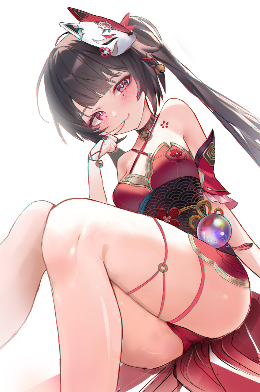 1girl absurdres ass bare_shoulders bell black_choker blush bow breasts brown_hair chest_tattoo choker criss-cross_halter dress dutch_angle eyeliner feet_out_of_frame finger_to_mouth flower_tattoo fox_mask hair_bow halterneck highres honkai:_star_rail honkai_(series) hui_zhong_zhi_meng knees_together_feet_apart large_breasts long_hair makeup mask mask_on_head neck_bell obi panties pantyshot pink_eyes red_bow red_dress red_eyeliner red_panties sash short_dress sidelocks simple_background sitting sleeveless sleeveless_dress solo sparkle_(honkai:_star_rail) tattoo thighs twintails underwear white_background