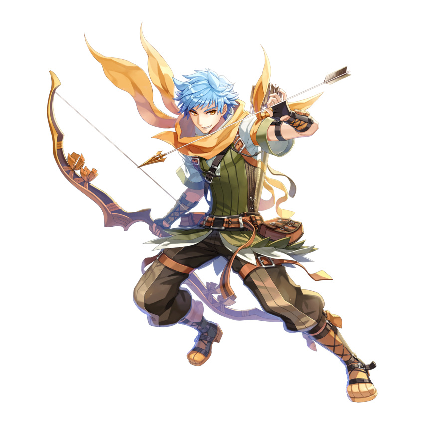 1boy arrow_(projectile) belt black_gloves blue_hair boots bow_(weapon) brown_belt brown_footwear brown_pants fighting_stance fingerless_gloves full_body gloves green_vest grin hair_horns highres holding holding_arrow holding_bow_(weapon) holding_weapon leona_(pixiv) male_focus official_alternate_costume official_art orange_eyes pants pouch ragnarok_online ranger_(ragnarok_online) scarf shirt short_bangs short_hair short_sleeves simple_background smile solo standing tachi-e transparent_background vest weapon white_shirt yellow_scarf