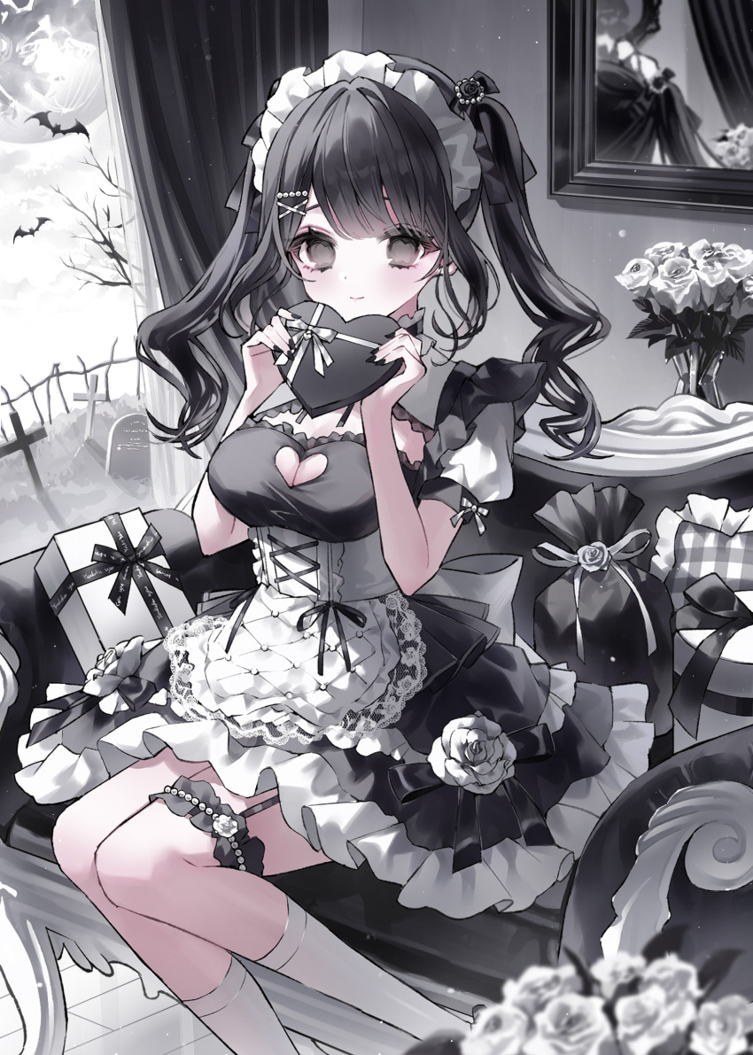 1girl absurdres back_bow bat_(animal) black_dress black_eyes black_hair black_nails black_ribbon bow box breasts cleavage cleavage_cutout clothing_cutout commentary_request couch curtains dress feet_out_of_frame flower frilled_dress frilled_pillow frills full_moon gift goth_fashion gothic_lolita hair_bow hair_ribbon heart_cutout highres holding holding_box indie_virtual_youtuber indoors light_smile lolita_fashion long_hair looking_at_viewer maid maid_headdress medium_breasts mirror moon nail_polish no_pupils noah_(0noah) on_couch pillow puffy_short_sleeves puffy_sleeves ribbon rose short_sleeves sitting socks solo spot_color tombstone twintails valentine virtual_youtuber white_flower white_rose yukoku_uyu