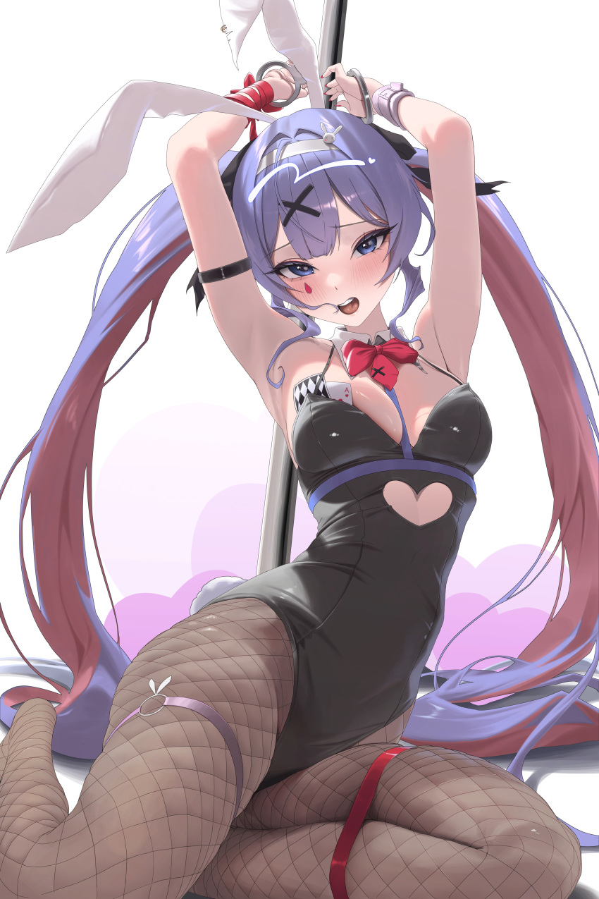 1girl absurdres ace_(playing_card) ace_of_hearts animal_ears armpits arms_up black_leotard blue_eyes blue_hair blunt_bangs blush bound bound_wrists bow bowtie breasts card clothing_cutout cowlick cuffs cutout_above_navel detached_collar detached_sleeves double-parted_bangs fake_animal_ears fishnet_pantyhose fishnets hair_intakes hair_ornament hair_spread_out hairband handcuffs hatsune_miku heart heart_cutout highres leotard long_hair looking_at_viewer multicolored_hair o-ring o-ring_thigh_strap open_mouth pantyhose pink_hair playing_card pole rabbit_ears rabbit_hole_(vocaloid) red_bow red_bowtie rkin round_teeth solo stripper_pole teardrop_facial_mark teeth thigh_strap twintails two-tone_hair underbust upper_teeth_only very_long_hair vocaloid white_hairband x_hair_ornament