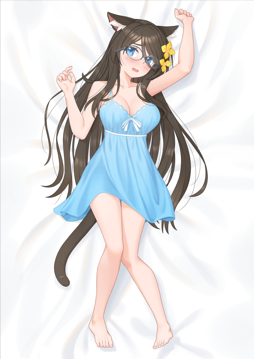 1girl absurdres aina_(mao_lian) animal_ear_fluff animal_ears arm_up bare_arms bare_legs bare_shoulders barefoot blue_dress blue_eyes blush breasts brown_hair cat_ears cat_girl cat_tail cleavage dakimakura_(medium) dress full_body hair_between_eyes highres large_breasts long_hair lying mao_lian_(nekokao) on_back on_bed original over-rim_eyewear semi-rimless_eyewear short_dress sleeveless sleeveless_dress solo spaghetti_strap tail very_long_hair