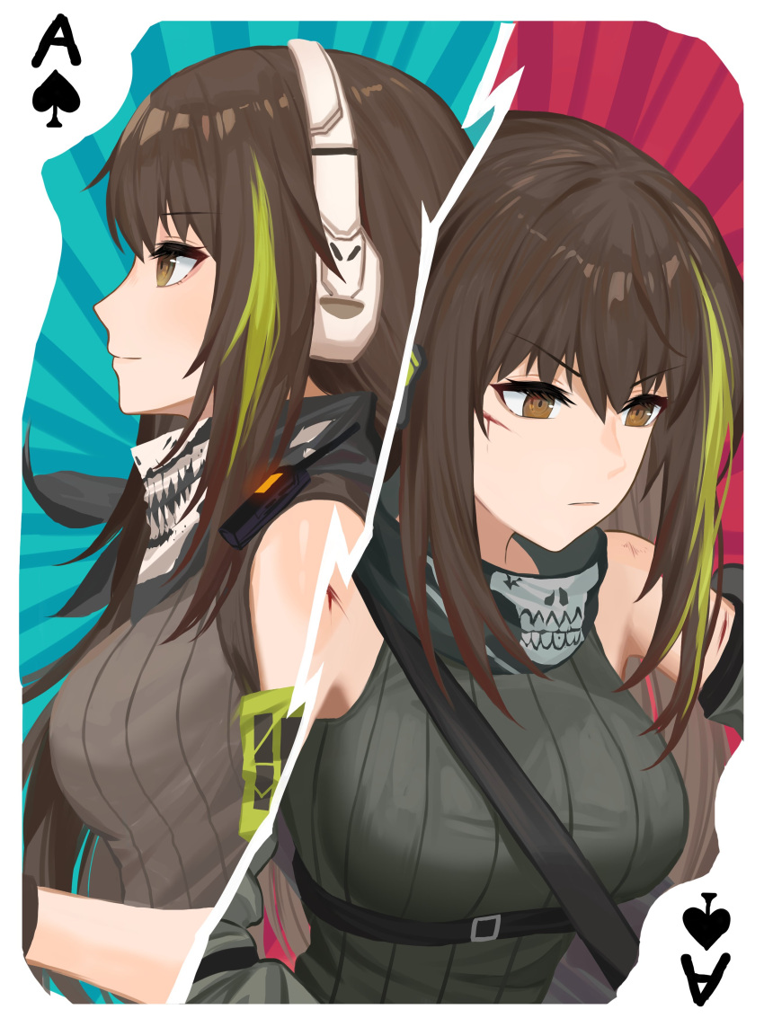 absurdres breasts brown_eyes brown_hair card closed_mouth girls'_frontline green_shirt headset highres long_hair looking_to_the_side m4a1_(girls'_frontline) m4a1_(mod3)_(girls'_frontline) mask multicolored_hair off_shoulder shirt simobulanka skull_mask tank_top upper_body