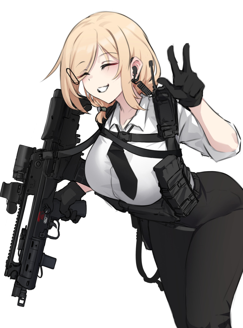 1girl absurdres assault_rifle black_gloves black_necktie black_pants blonde_hair breasts bullpup chest_harness earbuds earphones eotech foregrip gloves gun gun_sling hair_ornament hair_over_shoulder hairclip harness highres holding holding_gun holding_weapon k0ng large_breasts long_sleeves magazine_(weapon) medium_hair necktie original pants radio reflex_sight rifle shirt sidelocks simple_background smile solo swept_bangs vhs-d2 w weapon white_shirt