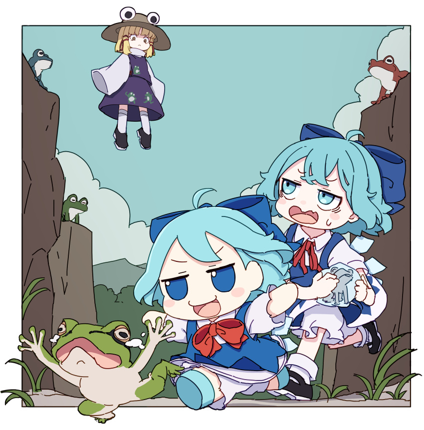 3girls absurdres ahoge animal animal_print black_footwear blonde_hair blue_bow blue_dress blue_eyes blue_footwear blue_hair blush_stickers bow brown_headwear cirno closed_mouth collared_shirt dress dual_persona fairy frog frozen_frog fumo_(doll) hair_bow hat highres ice ice_wings kame_(kamepan44231) moriya_suwako multiple_girls open_mouth pinafore_dress purple_skirt purple_vest shirt shoes short_hair short_sleeves skirt sleeveless sleeveless_dress smile socks thighhighs touhou vest white_shirt white_socks white_thighhighs wings yellow_eyes