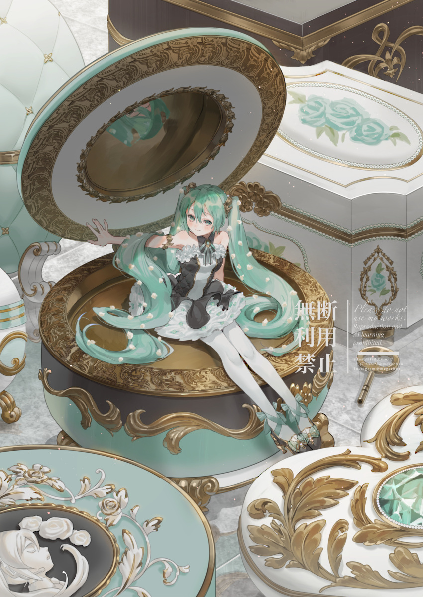 1girl alternate_costume armpits artist_name black_collar black_dress blue_flower blush box closed_mouth collar commentary detached_collar dress english_text flower frilled_dress frills full_body gold_footwear green_hair hair_between_eyes hair_ornament hatsune_miku high_heels highres instagram_username mege_(megechan) miku_day mirror pantyhose pom_pom_(clothes) reflection sitting sleeveless smile solo symbol-only_commentary twitter_username vocaloid white_pantyhose