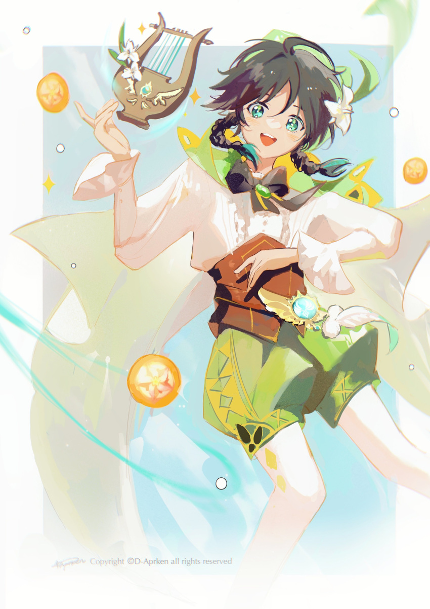 1boy absurdres anemo_symbol_(genshin_impact) aqua_eyes black_hair braid coin cowboy_shot d-aprken frilled_shirt frills genshin_impact gold_coin green_shorts harp highres instrument open_mouth pantyhose shirt shorts solo teeth twin_braids upper_teeth_only venti_(genshin_impact) vision_(genshin_impact) white_pantyhose white_shirt