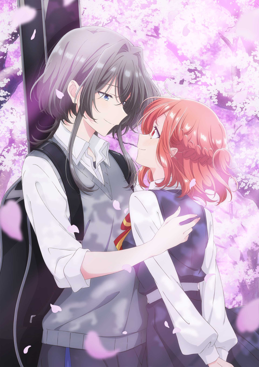 2girls absurdres arms_behind_back asanagi_yori belt black_dress black_hair black_skirt blue_eyes blurry blush brown_hair cherry_blossoms closed_mouth couple depth_of_field dress dress_shirt eye_contact falling_petals grey_belt grey_sweater_vest hair_intakes half_updo height_difference highres instrument_case instrument_on_back key_visual kino_himari long_sleeves looking_at_another medium_hair multiple_girls official_art petals pinafore_dress pleated_skirt promotional_art puffy_sleeves red_eyes sasayaku_you_ni_koi_wo_utau school_uniform shirt short_hair sidelocks skirt sleeveless sleeveless_dress sleeves_past_elbows smile sweater_vest textless_version white_shirt wolf_cut yuri