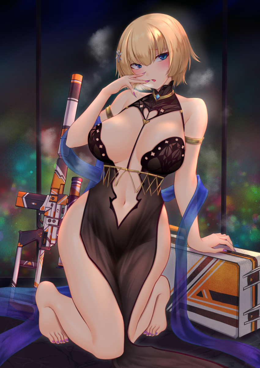 1girl armlet bangs bare_shoulders barefoot black_dress blonde_hair blue_eyes blush breasts cleavage commentary dress english_commentary eyebrows_visible_through_hair full_body girls'_frontline gun hair_ornament highres kneeling large_breasts looking_at_viewer nail_polish navel parted_lips popoman purple_nails short_hair sleeveless solo thighs vsk-94 vsk-94_(girls'_frontline) weapon