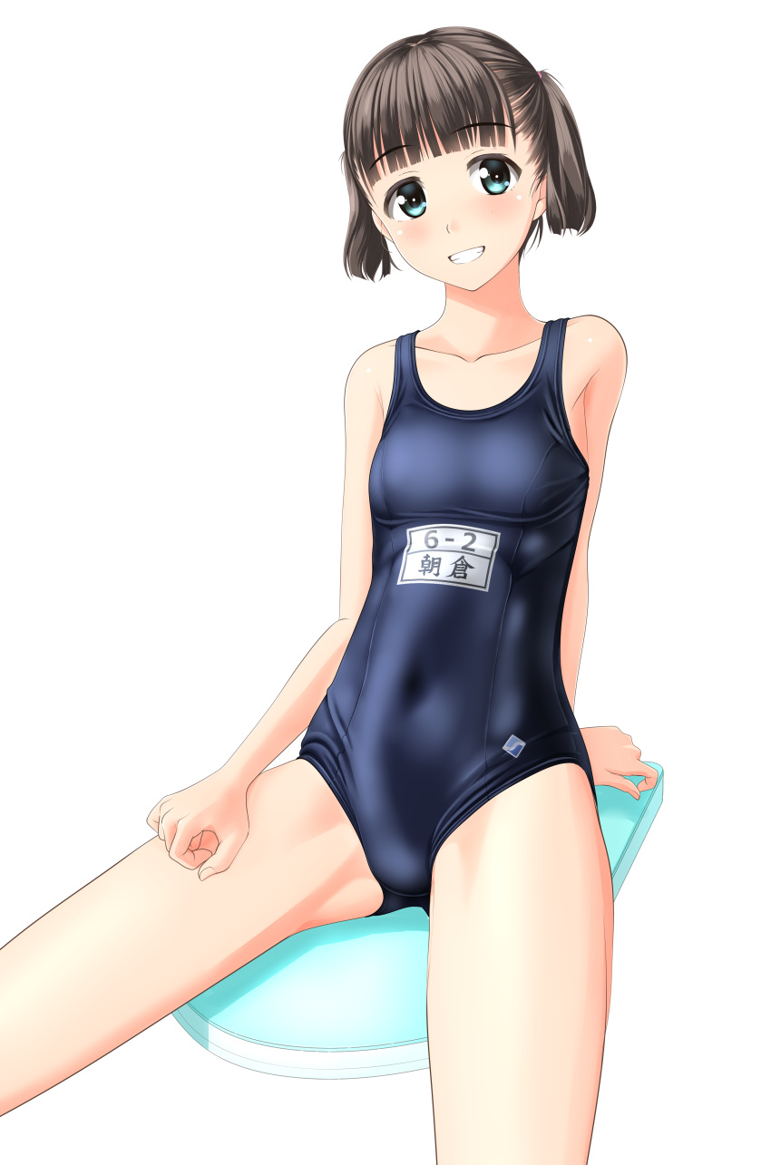 1girl absurdres black_hair blue_swimsuit breasts collarbone commentary_request cowboy_shot green_eyes grin highres kickboard looking_at_viewer name_tag navel new_school_swimsuit original school_swimsuit short_hair simple_background small_breasts smile solo swimsuit takafumi twintails white_background