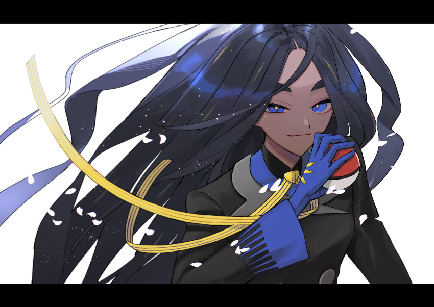 1girl absurdres black_hair black_jacket blue_eyes blue_gloves blue_shirt closed_mouth commentary_request dark-skinned_female dark_skin geeta_(pokemon) gloves hand_up highres holding holding_poke_ball jacket long_hair long_sleeves neck_ribbon ningenmi_aru poke_ball poke_ball_(basic) pokemon pokemon_sv ribbon shirt simple_background smile solo upper_body white_background yellow_ribbon