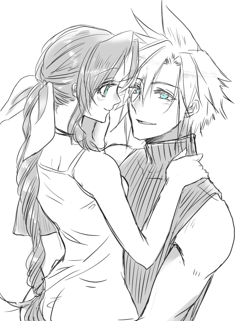 1boy 1girl aerith_gainsborough bare_arms bare_shoulders blue_eyes braid braided_ponytail breasts closed_mouth cloud_strife couple dress earrings final_fantasy final_fantasy_vii final_fantasy_vii_remake green_eyes hair_between_eyes hair_ribbon hand_on_another's_shoulder hetero highres jewelry light_blush long_hair looking_at_another medium_breasts parted_lips ribbon short_hair single_braid single_earring sleeveless sleeveless_dress sleeveless_turtleneck smile spaghetti_strap spiked_hair spot_color tokiokiyu turtleneck upper_body white_background