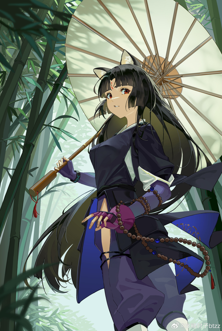 1girl absurdres animal_ears arknights armor artist_name bamboo beads bingtang_zouzi_btzz black_hair blunt_bangs commentary_request dog_ears dog_girl facial_mark feet_out_of_frame fingernails forehead_mark hakama hakama_pants highres hip_vent holding holding_umbrella infection_monitor_(arknights) japanese_clothes long_hair looking_back pants parasol parted_lips plant purple_pants red_eyes saga_(arknights) solo standing umbrella watermark
