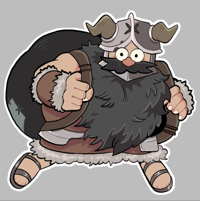 1boy bara beard black_hair blush_stickers constricted_pupils dungeon_meshi dwarf facial_hair fake_horns fistraid full_body helmet horned_helmet horns long_beard looking_to_the_side male_focus o_o senshi_(dungeon_meshi) solo thick_mustache toon_(style) very_long_beard wok