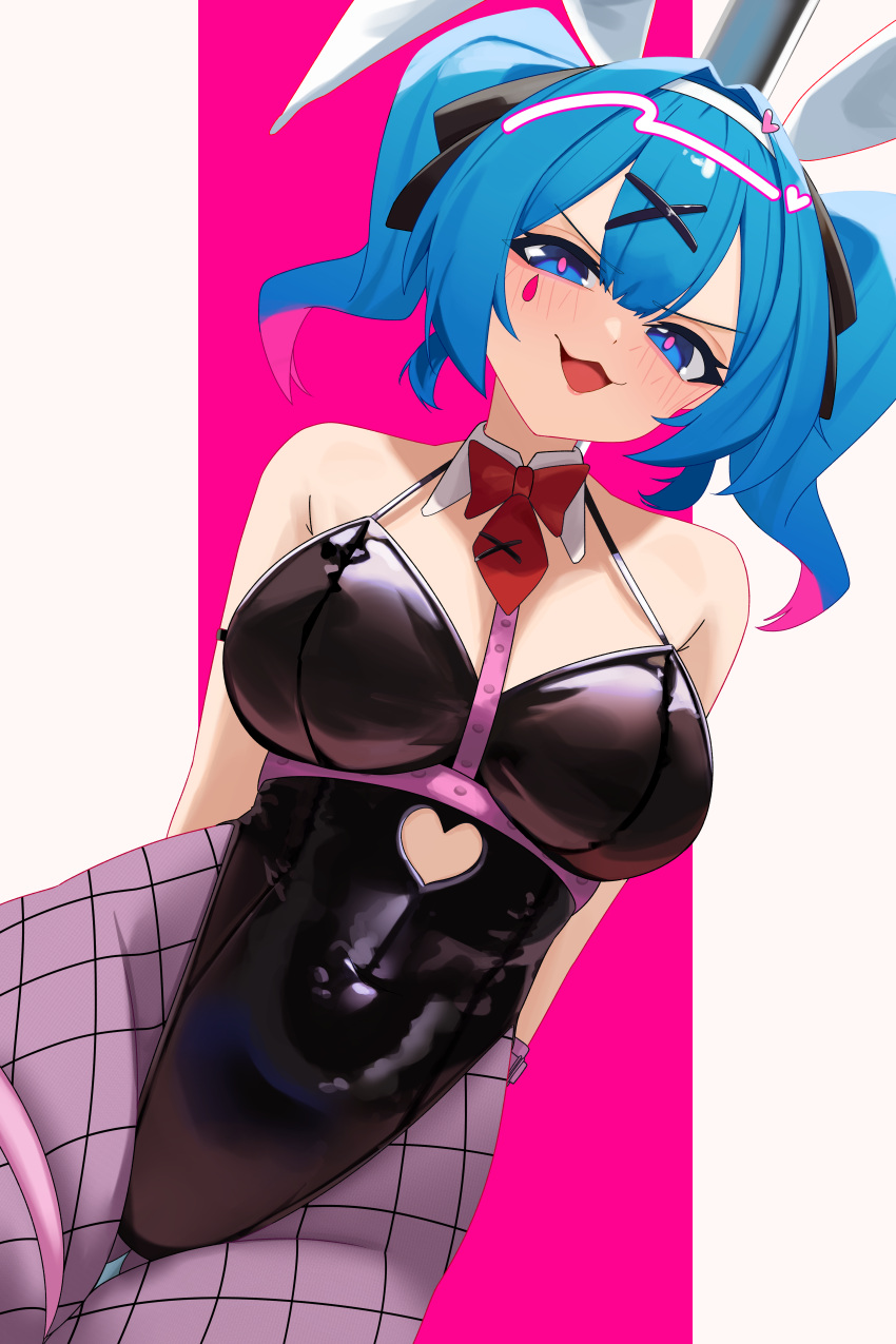 1girl absurdres animal_ears arms_behind_back ass_visible_through_thighs bare_shoulders black_leotard blue_eyes blue_hair blush breasts clothing_cutout commentary_request cutout_above_navel detached_collar fake_animal_ears fishnet_pantyhose fishnets hair_ornament halterneck hatsune_miku heart heart_cutout highleg highleg_leotard highres large_breasts leotard looking_at_viewer mcbox open_mouth pantyhose pink_pupils playboy_bunny rabbit_ears rabbit_hole_(vocaloid) short_hair smile solo teardrop_facial_mark thigh_gap thigh_strap twintails vocaloid x_hair_ornament