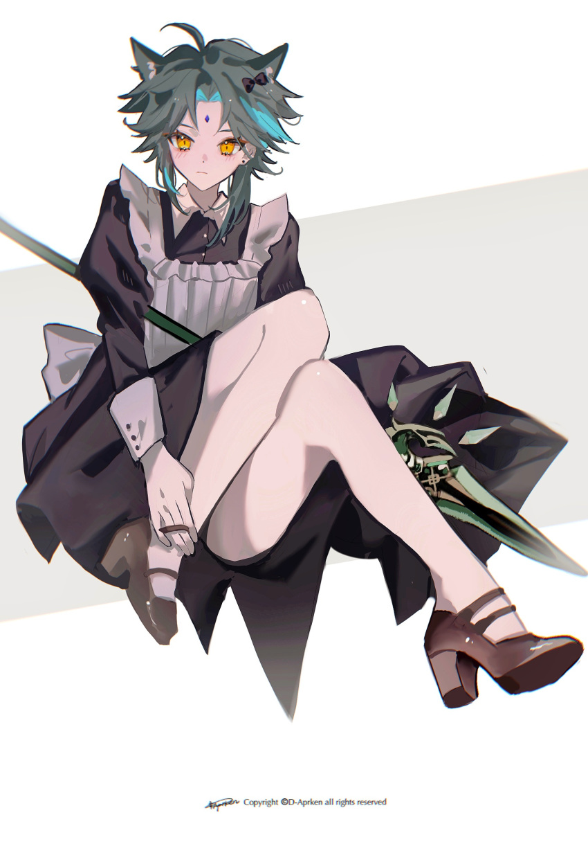 1boy absurdres animal_ears apron aqua_hair bare_legs black_dress cat_boy cat_ears closed_mouth collared_shirt crossdressing d-aprken dress facial_mark forehead_mark genshin_impact green_hair high_heels highres holding holding_own_leg holding_polearm holding_weapon maid maid_apron male_focus polearm shirt sitting solo spear weapon white_shirt xiao_(genshin_impact) yellow_eyes