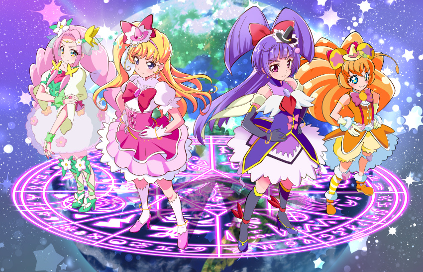 4girls absurdres animal_ears asahina_mirai bear_ears big_hair black_gloves black_headwear black_socks blonde_hair bloomers blouse blue_eyes blue_footwear boots bow bowtie braid brooch commentary_request commission cure_felice cure_magical cure_miracle cure_mofurun dress earth_(planet) elbow_gloves flower gloves green_eyes green_footwear hair_bow hair_flower hair_ornament hanami_kotoha hand_on_own_arm hands_on_own_hips hat high_heels highres izayoi_liko jewelry kneehighs long_hair looking_at_viewer magic_circle magical_girl mahou_girls_precure! mini_hat mini_witch_hat mofurun_(mahou_girls_precure!) multiple_girls one_side_up orange_footwear orange_hair orange_shirt partial_commentary pink_dress pink_footwear pink_hair pink_headwear planet precure puffy_short_sleeves puffy_sleeves purple_dress purple_eyes purple_hair red_bow red_bowtie shirt short_dress short_sleeves single_sock skeb_commission sleeveless sleeveless_dress sleeveless_shirt socks space standing star-shaped_pupils star_(symbol) symbol-shaped_pupils thigh_strap tilted_headwear tirofinire twin_braids two-tone_dress two_side_up very_long_hair white_dress white_gloves white_socks witch_hat yellow_bloomers yellow_headwear yellow_socks