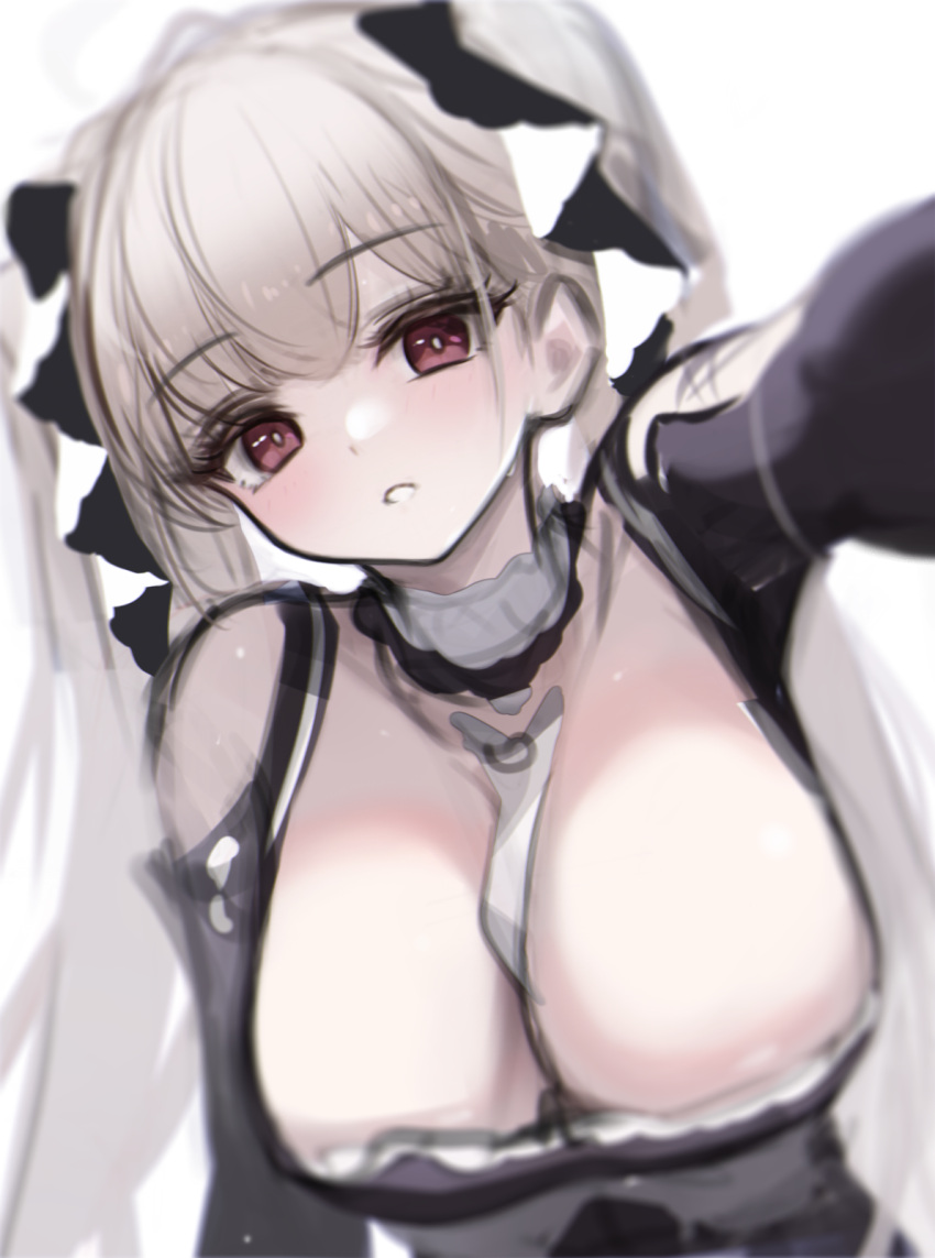 1girl azur_lane between_breasts black_dress blurry bow breasts cleavage clothing_cutout depth_of_field detached_collar dress formidable_(azur_lane) g_home grey_hair grin hair_bow highres large_breasts long_hair long_sleeves looking_at_viewer outstretched_arm red_eyes shoulder_cutout smile solo twintails unfinished upper_body