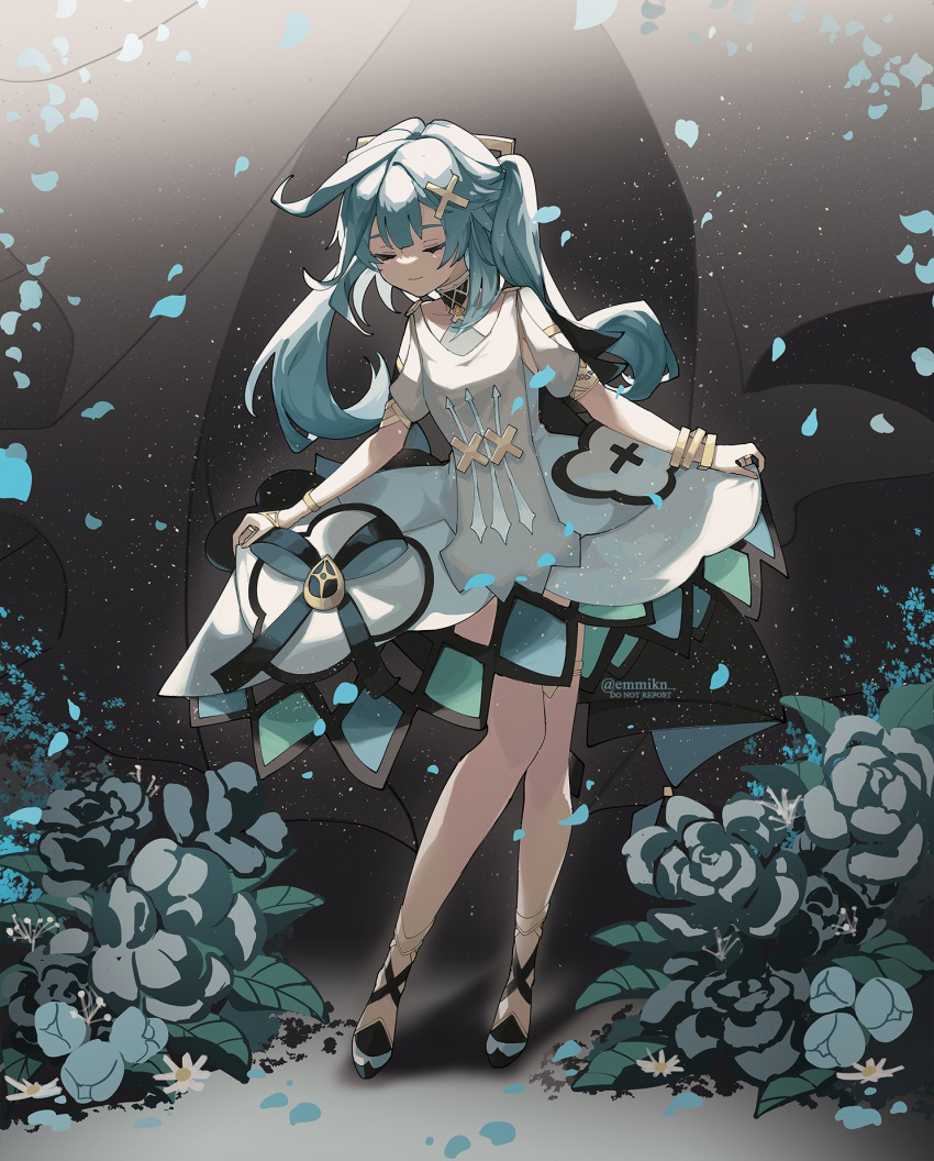 aqua_hair aqua_petals blunt_bangs bridal_garter closed_eyes closed_mouth clothes_lift curtsey emmikn falling_petals faruzan_(genshin_impact) flower full_body genshin_impact high_heels highres leaf petals plant simple_background skirt skirt_lift twintails