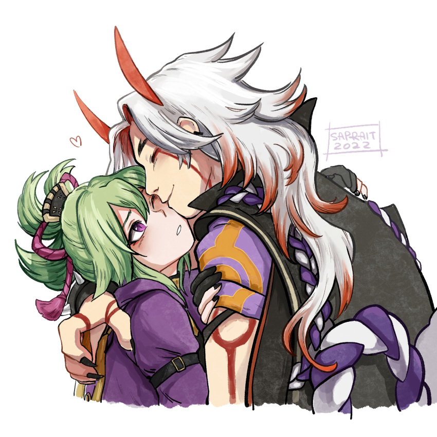 1boy 1girl arataki_itto black_nails body_markings commentary facepaint genshin_impact gloves green_hair hetero highres horns hug jacket kuki_shinobu long_hair ninja oni partially_fingerless_gloves purple_eyes purple_jacket red_horns saprait_lond white_hair