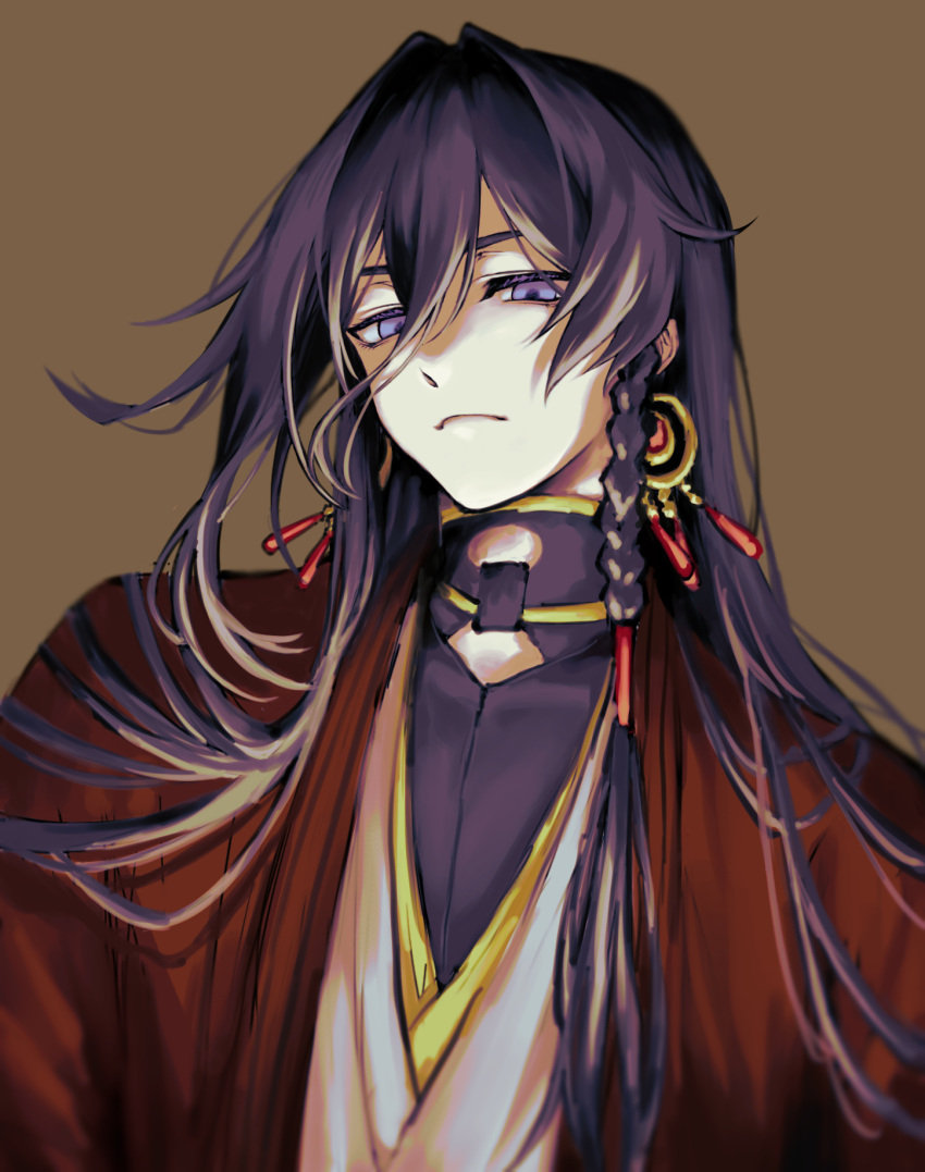 1boy bishounen black_hair blue_eyes braid brown_background closed_mouth earrings hair_between_eyes hair_intakes highres izumi-no-kami_kanesada japanese_clothes jewelry long_hair looking_at_viewer male_focus nemui_draw side_braid solo touken_ranbu upper_body