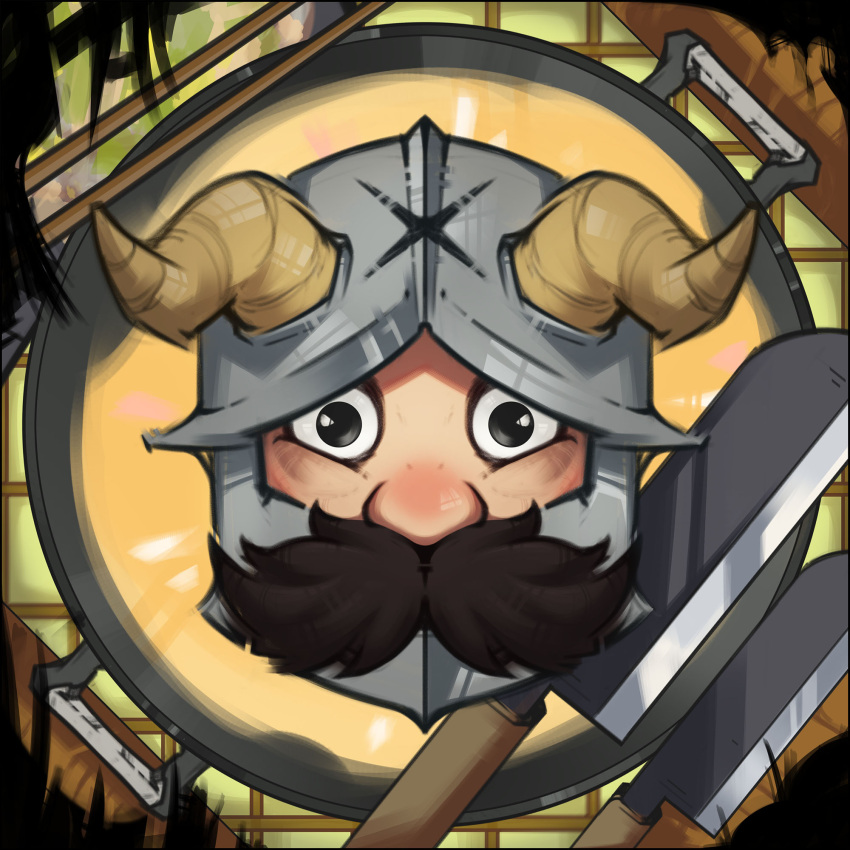 1boy beard brown_hair cooking cropped_head dungeon_meshi dwarf facial_hair fake_horns helmet highres horned_helmet horns long_beard looking_at_viewer male_focus senshi_(dungeon_meshi) smile solo stew straight-on thick_mustache very_long_beard vladyslavdembik wok