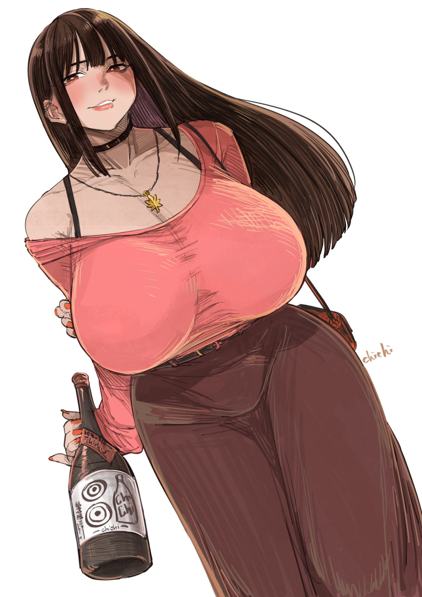 1girl arm_behind_back artist_name bag belt black_choker blunt_bangs blush bottle bra_strap breasts bright_pupils brown_hair brown_skirt chichi8181 choker collarbone commentary cowboy_shot dutch_angle glass_bottle gold_necklace handbag highres holding holding_bottle huge_breasts jewelry long_hair long_skirt long_sleeves looking_at_viewer necklace off_shoulder original parted_lips pendant pink_shirt red_eyes red_nails shirt shoulder_bag sidelocks single_bare_shoulder skirt smile solo standing symbol-only_commentary takanashi_akiho white_background white_pupils