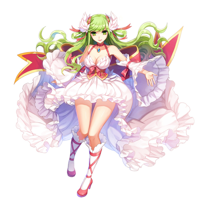 1girl bow breasts cleavage closed_mouth detached_sleeves dress floating_hair frilled_dress frilled_sleeves frills full_body green_eyes green_hair head_wings high_heels highres kneehighs large_bow leona_(pixiv) long_hair medium_breasts official_alternate_costume official_art pink_corset pink_footwear ragnarok_online simple_background sleeveless sleeveless_dress smile socks solo standing tachi-e transparent_background wanderer_(ragnarok_online) wavy_hair white_dress white_sleeves white_wings wide_sleeves wings