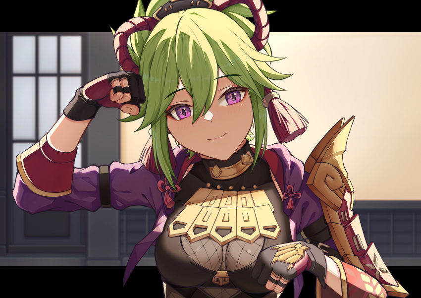 1girl absurdres black_gloves breasts breasts_apart closed_mouth fingerless_gloves genshin_impact gloves green_hair hair_between_eyes half_updo highres kuki_shinobu looking_at_viewer medium_breasts no_mask purple_eyes purple_sleeves shuazir skin_tight smile solo upper_body