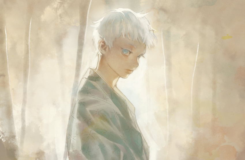 1boy aged_down alfie_(retroxknight) aura blue_eyes child closed_mouth commentary english_commentary eyelashes fog forest from_side gojou_satoru grey_kimono highres japanese_clothes jujutsu_kaisen kimono looking_at_viewer looking_to_the_side male_focus nature print_kimono short_hair solo upper_body white_hair