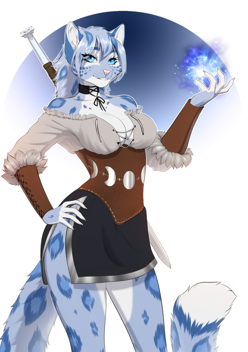 2024 amur anthro armlet bethesda_softworks blue_body blue_eyes blue_hair blue_spots breasts choker claws cleavage clothed clothing corset detailed digital_media_(artwork) felid feline female fingers front_view fur grey_body grey_fur hair hand_on_hip hi_res inner_ear_fluff jewelry khajiit leopard lingerie long_hair m'ria_(maks_hunt) magic magic_glow magic_user mammal melee_weapon necklace pantherine raised_hand shirt simple_background smile snow_leopard solo spots sword sword_on_back tail the_elder_scrolls topwear tuft underbust_corset weapon white_background