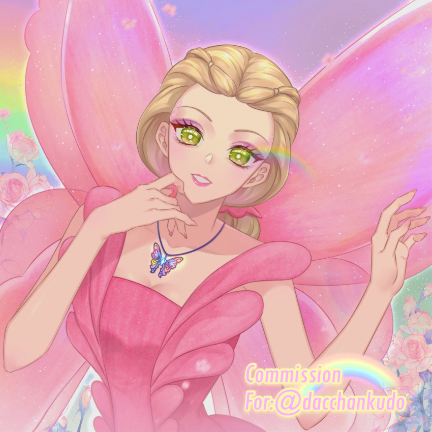 1girl barbie_(character) barbie_(franchise) barbie_fairytopia_(film_series) barbie_movies blonde_hair breasts butterfly_necklace cleavage commission dress elina_(barbie) eyeshadow fairy fairy_wings finger_to_cheek flower green_eyes hair_bun hair_pulled_back hand_on_own_cheek hand_on_own_face highres jewelry lens_flare makeup necklace okitafuji pink_dress pink_eyeshadow pink_lips portrait purple_background rainbow rainbow_background rose smile solo square_neckline wings