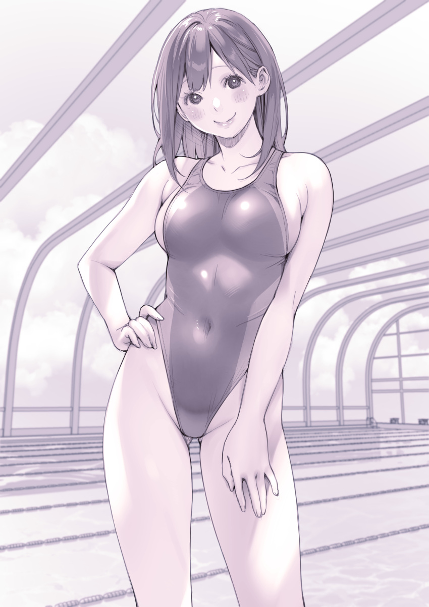 1girl absurdres ass_visible_through_thighs breasts collarbone commentary_request competition_swimsuit covered_navel hand_on_own_hip highleg highleg_swimsuit highres indoors macosee medium_breasts monochrome one-piece_swimsuit original pool purple_theme short_hair smile solo standing swimsuit