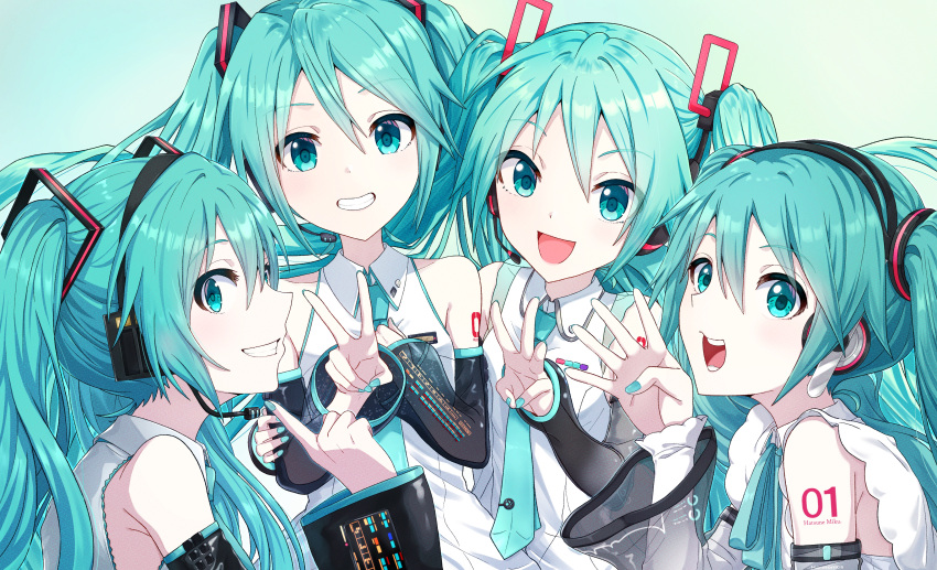 4girls absurdres aqua_eyes aqua_hair aqua_nails aqua_necktie arm_tattoo character_name collared_shirt commentary_request detached_sleeves finger_counting grin hair_ornament hatsune_miku hatsune_miku_(nt) hatsune_miku_(vocaloid3) hatsune_miku_(vocaloid4) headphones headset highres index_finger_raised itogari long_hair looking_at_viewer middle_w multiple_girls nail_polish necktie number_tattoo open_mouth parted_lips shirt sleeveless sleeveless_shirt smile tattoo teeth tie_clip twintails upper_body v vocaloid w white_shirt wide_sleeves