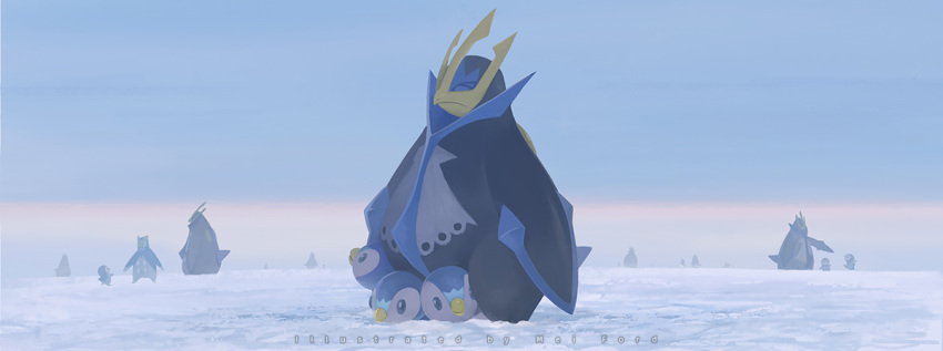 artist_name bird blue_eyes closed_eyes closed_mouth commentary_request creature day empoleon evolutionary_line gen_4_pokemon looking_up mei_ford no_humans outdoors penguin piplup pokemon pokemon_(creature) prinplup snow standing