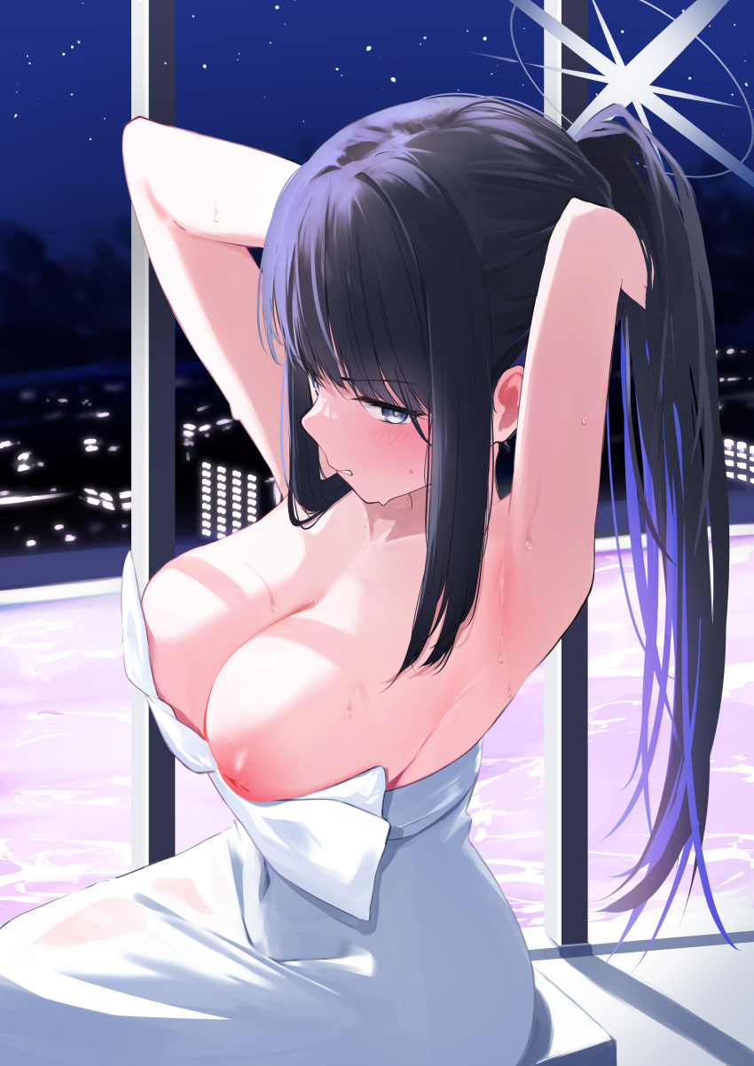 1girl absurdres armpits arms_up black_hair blue_archive blue_eyes breasts collarbone colored_inner_hair dress grey_halo hair_tie_in_mouth halo highres indoors inverted_nipples kayoko_(blue_archive) kayoko_(dress)_(blue_archive) large_breasts memekko mouth_hold multicolored_hair night night_sky official_alternate_costume one_breast_out ribbon ribbon_in_mouth saori_(dress)_(blue_archive) sky solo tying_hair white_dress white_ribbon