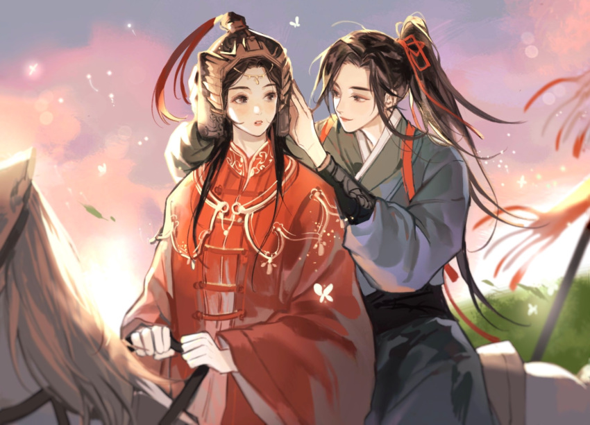 2girls armor black_hair black_sash blurry blush bridle brown_eyes bug butterfly chinese_clothes chinese_commentary dandelion depth_of_field falling_leaves flower hair_ribbon hands_on_another's_head hanfu head_chain helmet high_ponytail highres holding holding_reins horse horseback_riding hua_xiangyi huixian97 leaf lipstick long_hair long_sleeves looking_at_another makeup multiple_girls outdoors parted_lips plume qi_zhuyin qiang_jin_jiu red_ribbon red_robe reins ribbon riding robe saddle sash smile wide_sleeves yuri