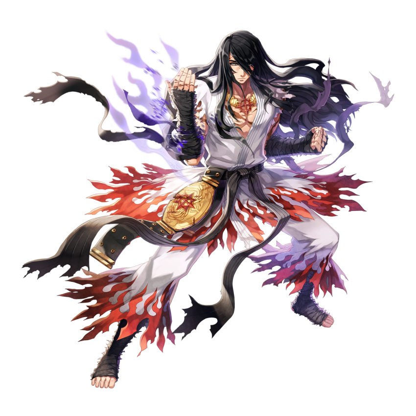 1boy arm_wrap aura belt black_belt black_hair championship_belt closed_mouth cross cross_necklace cross_of_prontera expressionless eyes_visible_through_hair fighting_stance flame_print foot_wraps full_body grey_hair hair_between_eyes highres jewelry leona_(pixiv) long_bangs long_hair male_focus necklace official_alternate_costume official_art pants ragnarok_online scar scar_on_chest shirt sidelocks simple_background solo standing sura_(ragnarok_online) tachi-e transparent_background very_long_hair white_pants white_shirt