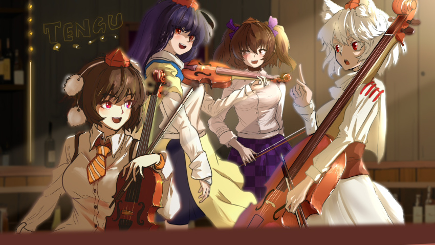 4girls bloody_cuke bow_(music) brown_hair hat highres himekaidou_hatate holding holding_bow_(music) holding_instrument holding_violin iizunamaru_megumu instrument inubashiri_momiji long_sleeves multiple_girls plaid plaid_skirt puffy_long_sleeves puffy_sleeves purple_skirt red_eyes red_headwear shameimaru_aya shirt skirt smile tokin_hat touhou twintails violin white_hair white_shirt