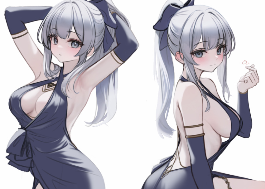 1girl argus_(azur_lane) armpits arms_behind_back arms_up azur_lane backless_dress backless_outfit bare_back bare_shoulders black_dress bow breasts cleavage closed_mouth cocktail_dress criss-cross_halter detached_sleeves dress finger_heart g_home grey_eyes hair_bow halter_dress halterneck hand_up heart long_hair long_sleeves looking_at_viewer medium_breasts multiple_views no_bra ponytail sideboob simple_background sleeveless sleeveless_dress smile white_background white_hair