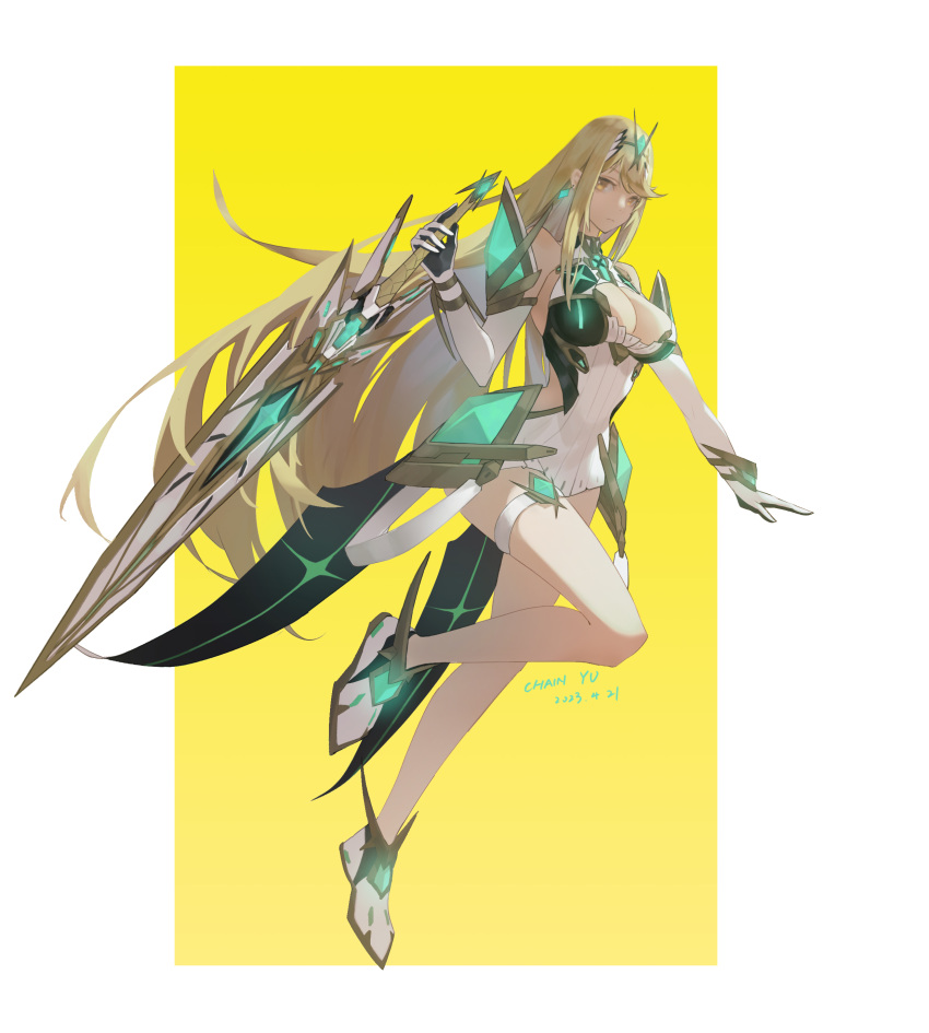 1girl absurdres artist_name bare_shoulders blonde_hair breasts chain_yu cleavage_cutout clothing_cutout dated detached_sleeves floating_hair full_body gloves highres holding holding_sword holding_weapon huge_weapon large_breasts long_hair mythra_(xenoblade) no_panties shoes side_cutout sidelocks solo super_smash_bros. sword two-tone_background weapon white_background xenoblade_chronicles_(series) xenoblade_chronicles_2 yellow_background