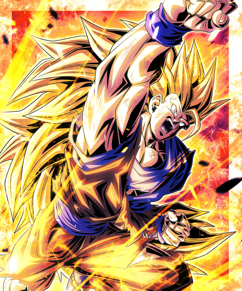 1boy absurdres aura blonde_hair blue_shirt clenched_hand clenched_teeth dragon_ball dragon_ball_z electricity feet_out_of_frame green_eyes highres injury long_hair muscular muscular_male no_eyebrows orange_pants orange_shirt pants punching sekitsuki_hayato shirt solo son_goku spiky super_saiyan super_saiyan_3 teeth torn_clothes torn_shirt upper_body