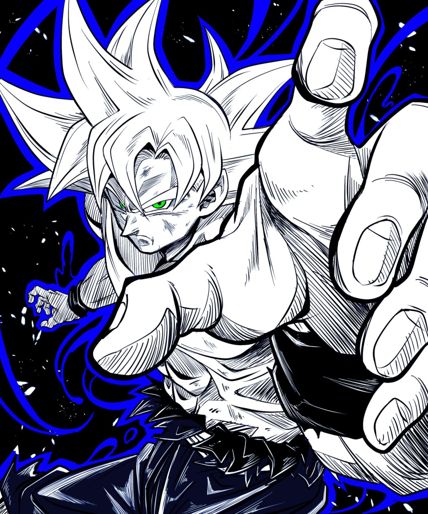 1boy aura commentary_request dragon_ball dragon_ball_super fighting_stance green_eyes greyscale highres monochrome muscular muscular_male nipples pants sekitsuki_hayato solo son_goku spiked_hair spot_color topless torn_clothes ultra_instinct upper_body white_hair