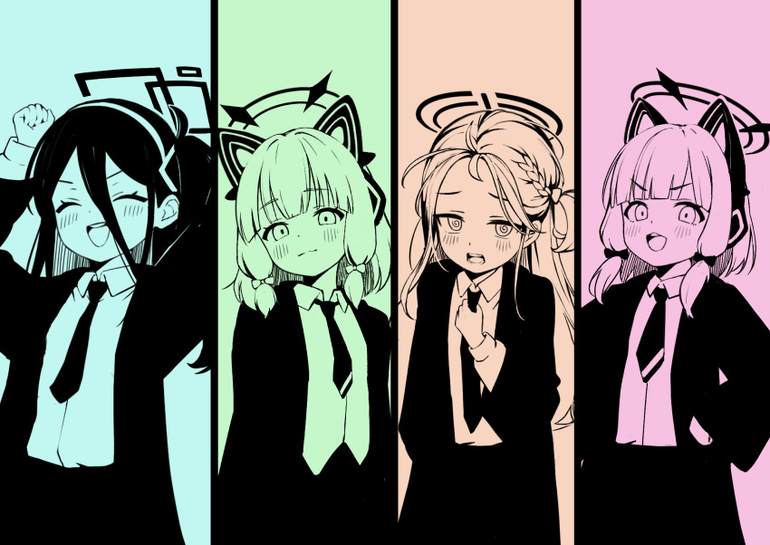 4girls @_@ animal_ear_headphones animal_ears aris_(blue_archive) blue_archive bow closed_eyes closed_mouth collared_shirt fake_animal_ears game_development_department_(blue_archive) hair_bow halo headphones highres long_hair long_sleeves looking_at_viewer midori_(blue_archive) momoi_(blue_archive) multiple_girls multiple_monochrome necktie open_clothes open_mouth shirt short_hair siblings sisters smile suit supersugar teeth twins upper_teeth_only yuzu_(blue_archive)