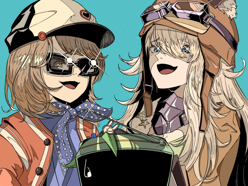 +_+ 2girls :d absurdres animal_ear_headwear aviator_cap blonde_hair blue_background blue_dress blue_eyes blue_neckerchief brown_hair brown_headwear brown_jacket cabbie_hat dress eyes_visible_through_eyewear flashing goggles goggles_on_headwear green_shirt hair_between_eyes hat highres jacket lilya_(reverse:1999) long_hair looking_at_object mask mask_around_neck ms._radio multiple_girls natsugu72 neckerchief open_clothes open_jacket oxygen_mask polka_dot_neckerchief radio red_jacket regulus_(reverse:1999) reverse:1999 shirt short_hair smile sparkle sunglasses sweatdrop