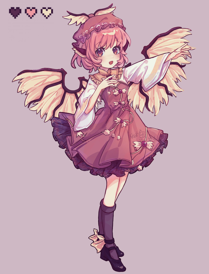 1girl adapted_costume animal_ears bird_ears bird_wings black_footwear black_socks blush brown_dress brown_eyes brown_headwear dress full_body grey_background hat heart highres himitsu_onigiri kneehighs long_sleeves looking_at_viewer mystia_lorelei open_mouth pink_hair shoes short_hair simple_background smile socks solo touhou white_wings wide_sleeves winged_footwear winged_hat wings