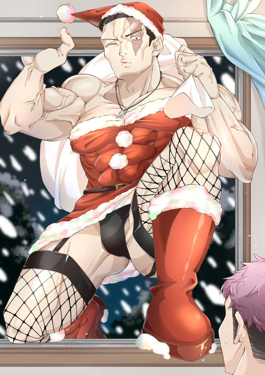 1boy absurdres artist_request bara black_hair boots bulge christmas dress from_below fur-trimmed_dress fur_trim hat highres jujutsu_kaisen large_pectorals looking_at_viewer male_focus muscular muscular_male pectoral_cleavage pectorals santa_dress santa_hat scar scar_across_eye seductive_smile short_hair sideburns smile snowing solo thick_thighs thighs through_window toudou_aoi_(jujutsu_kaisen) veins veiny_arms