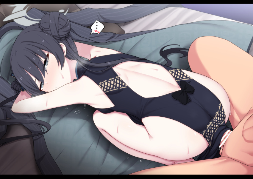 1boy 1girl ass black_dress black_gloves black_hair blue_archive blush china_dress chinese_clothes clothed_female_nude_male clothed_sex double_bun dragon_print dress folded fumutarou gloves hair_bun halo hetero kisaki_(blue_archive) long_hair looking_at_viewer nude paid_reward_available penis_under_another's_clothes print_dress sex sex_from_behind sleeveless sleeveless_dress sweat twintails