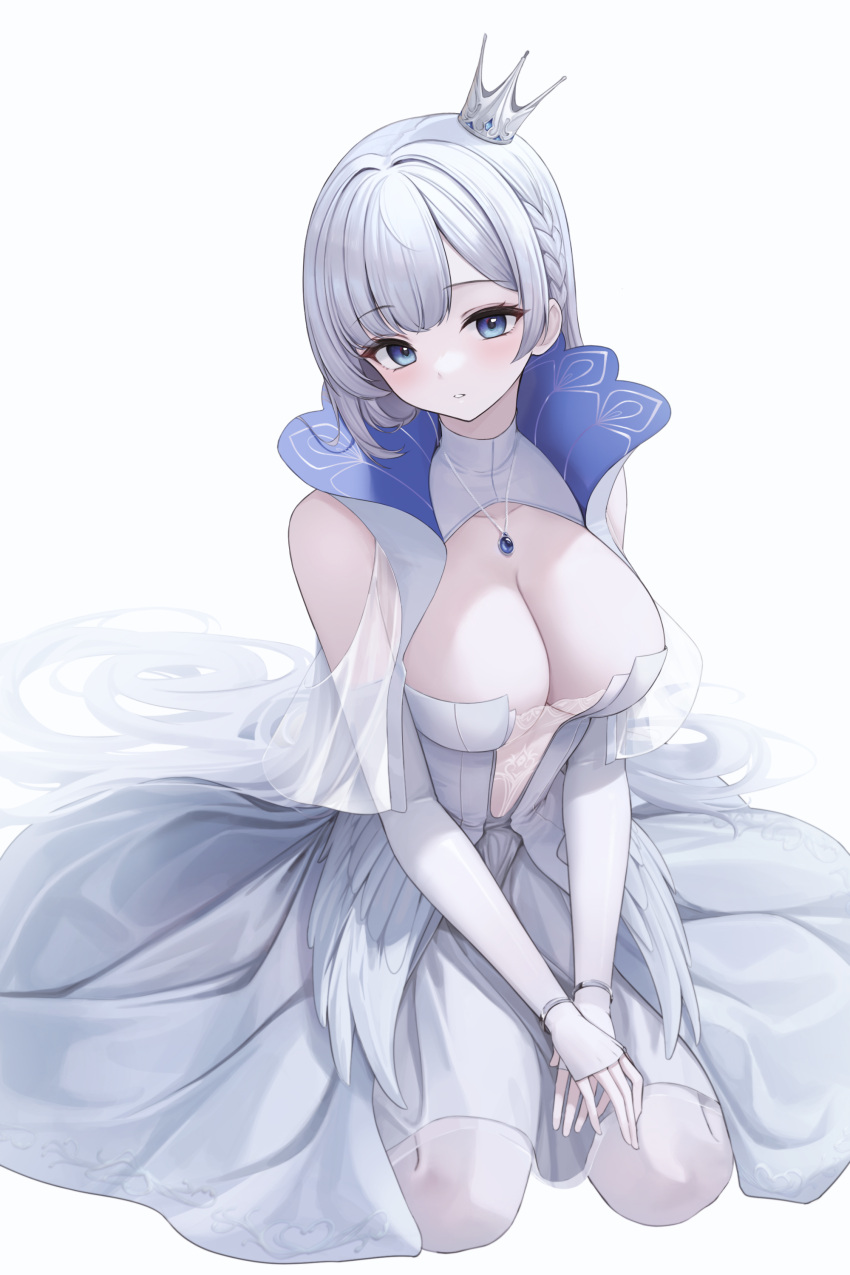 1girl absurdres argus_(azur_lane) azur_lane bare_shoulders blue_eyes blue_gemstone blush braid breasts cleavage crown crown_braid detached_sleeves dress g_home gem gloves high_collar highres jewelry large_breasts long_hair long_sleeves looking_at_viewer mini_crown necklace no_bra pantyhose parted_lips see-through simple_background sleeveless sleeveless_dress solo v_arms very_long_hair white_background white_dress white_gloves white_hair white_pantyhose