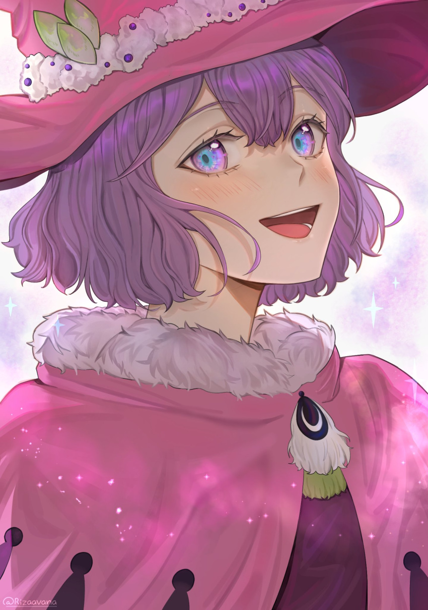 1girl :d black_clover blue_eyes capelet dorothy_unsworth fur-trimmed_capelet fur_trim gradient_eyes hair_between_eyes hashtag_only_commentary hat highres looking_at_viewer multicolored_eyes open_mouth pink_capelet pink_headwear purple_eyes purple_hair rizaavana short_hair simple_background smile solo sparkle_background twitter_username upper_body witch_hat